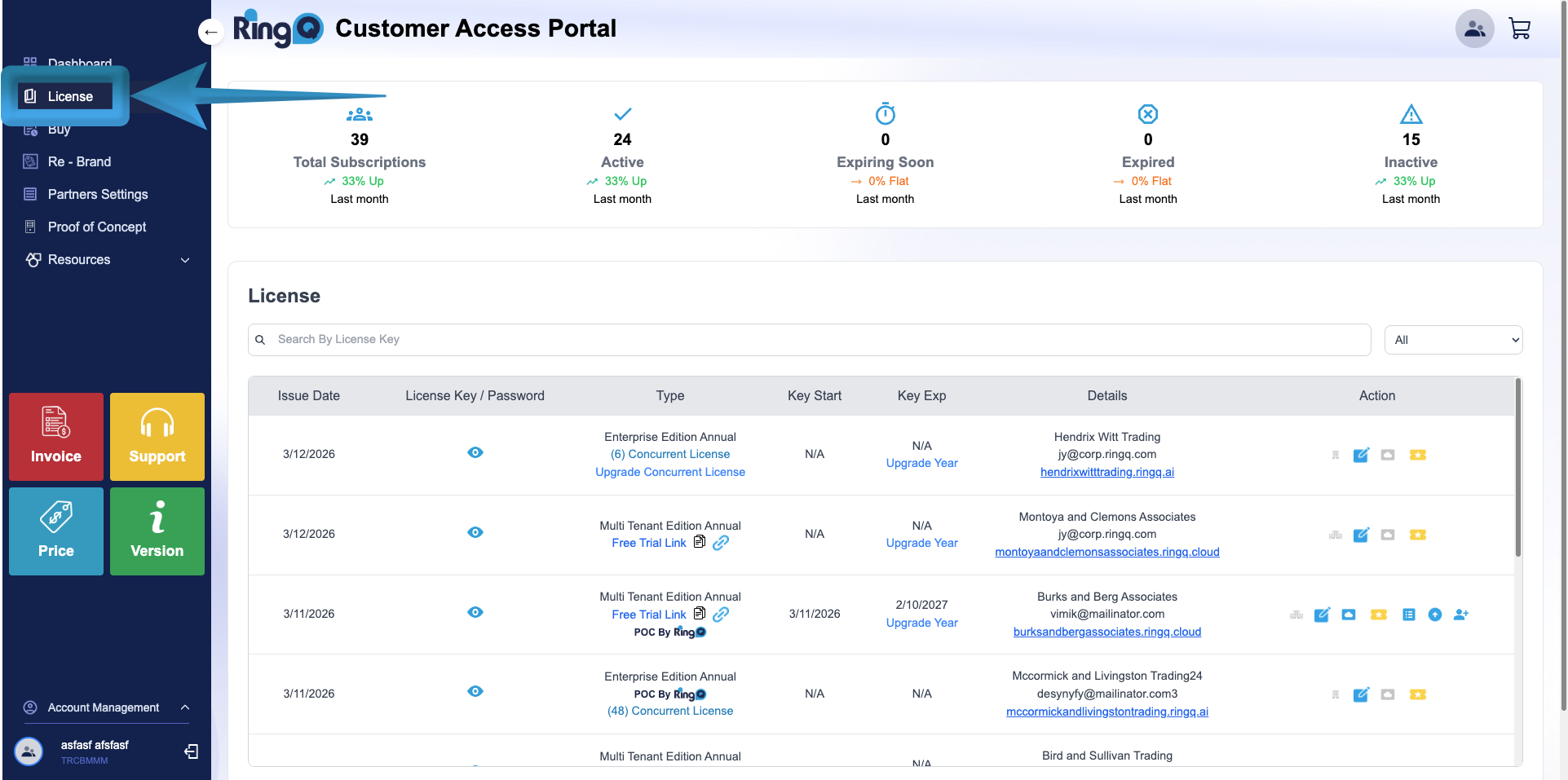 Select License from your RingQ Customer Portal