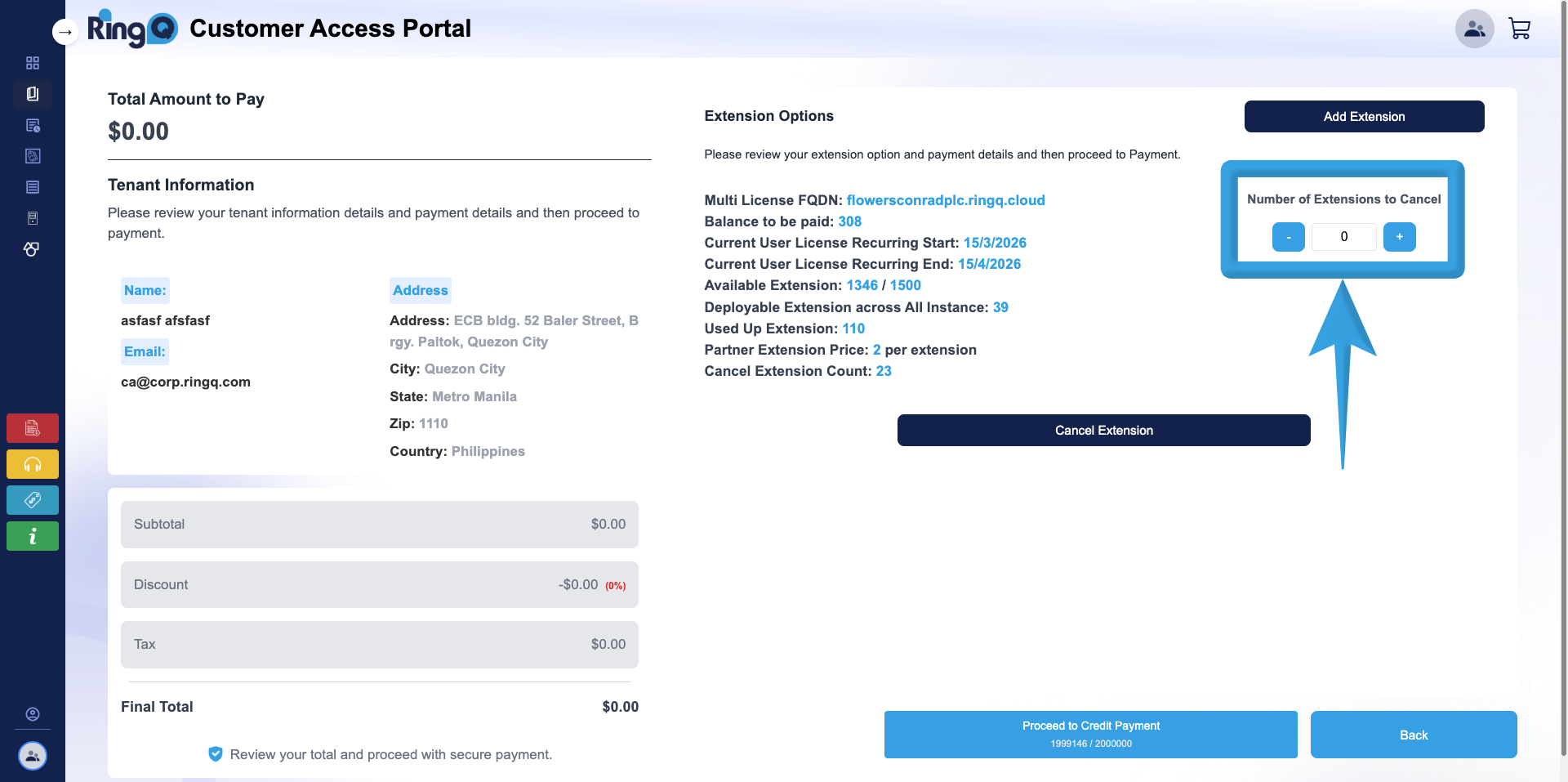 Number of extension to cancel