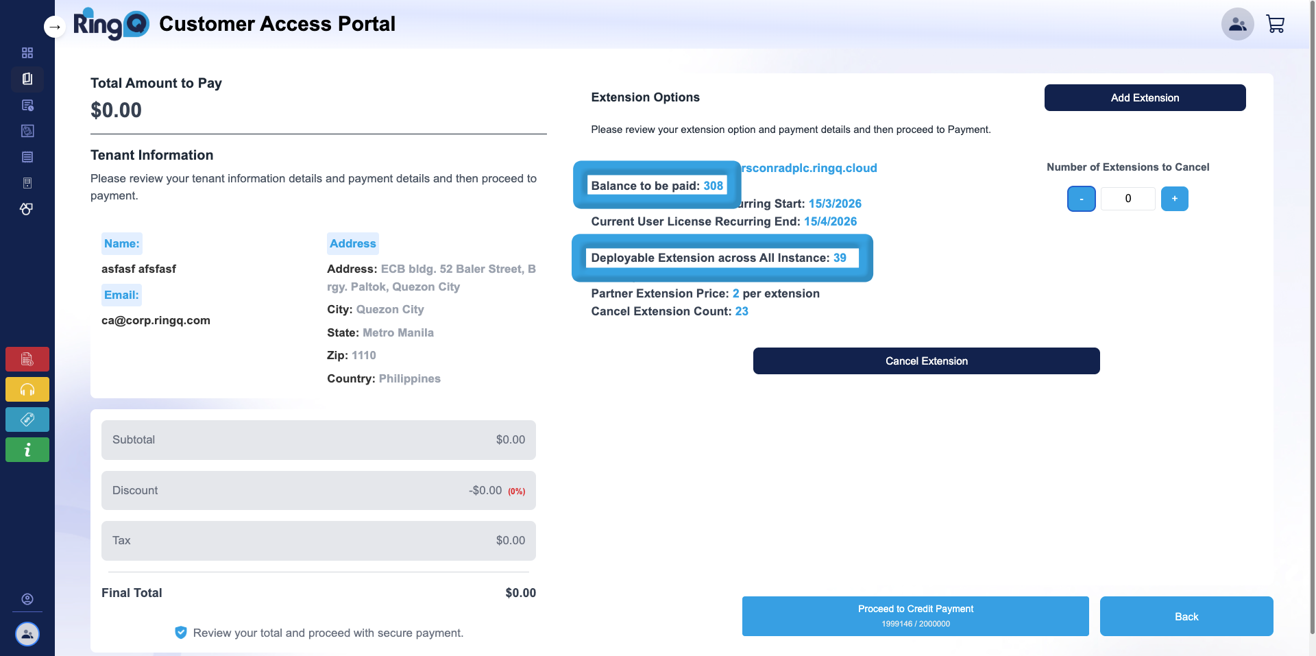 balance to be paid and the deployable extensions across all instances