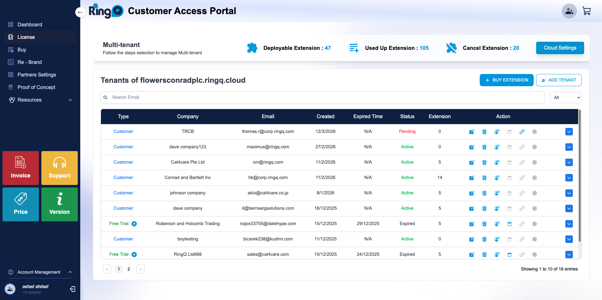list of tenants under the selected Multi-Tenant license account