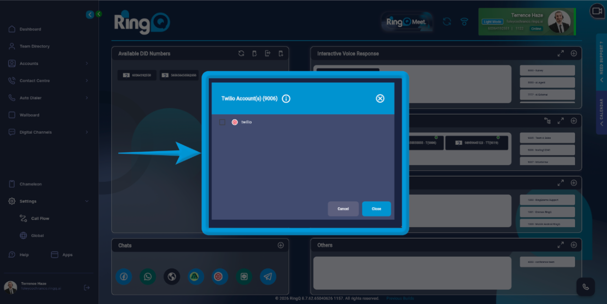 A pop-up window will display all Twilio accounts configured in Chat Settings. 
