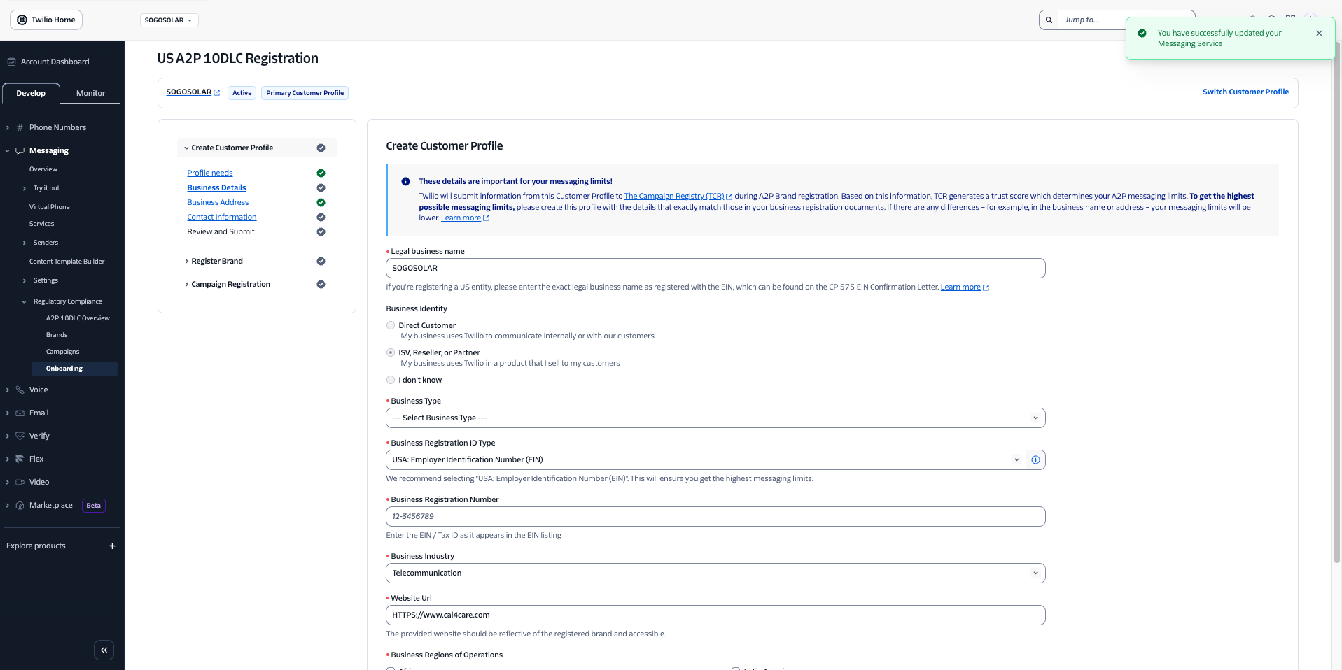 Create Customer Profile page