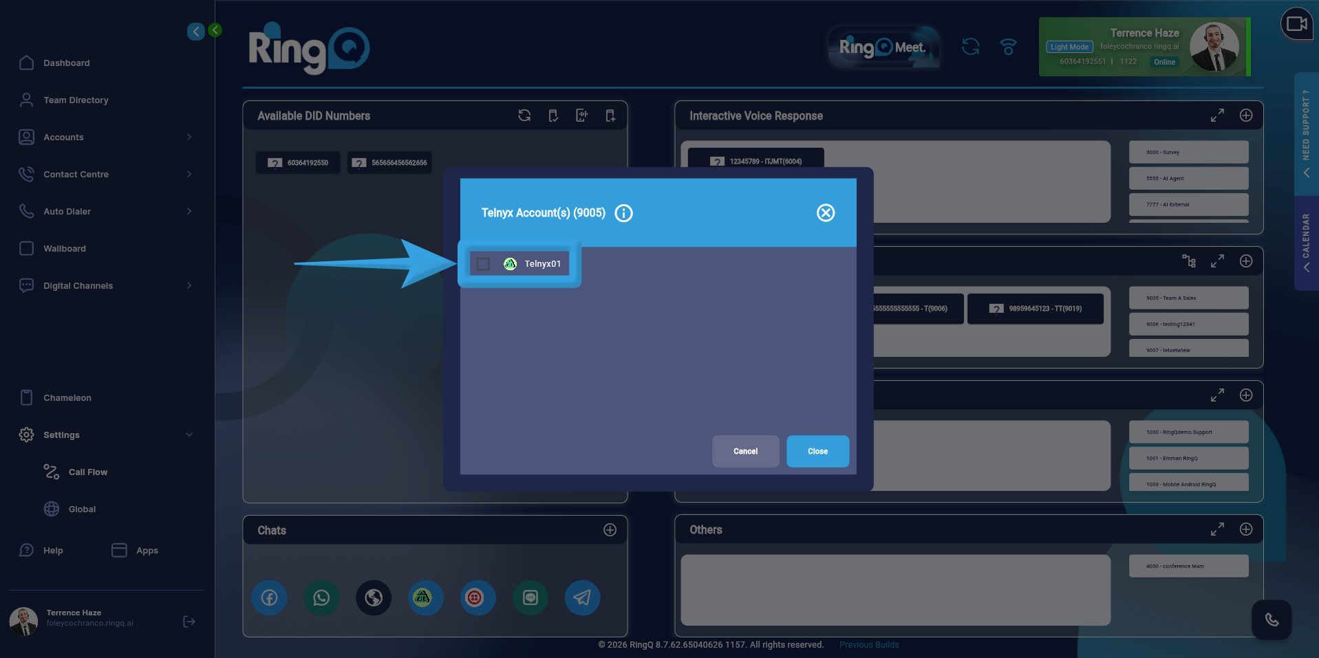 Select your desired Telnyx account
