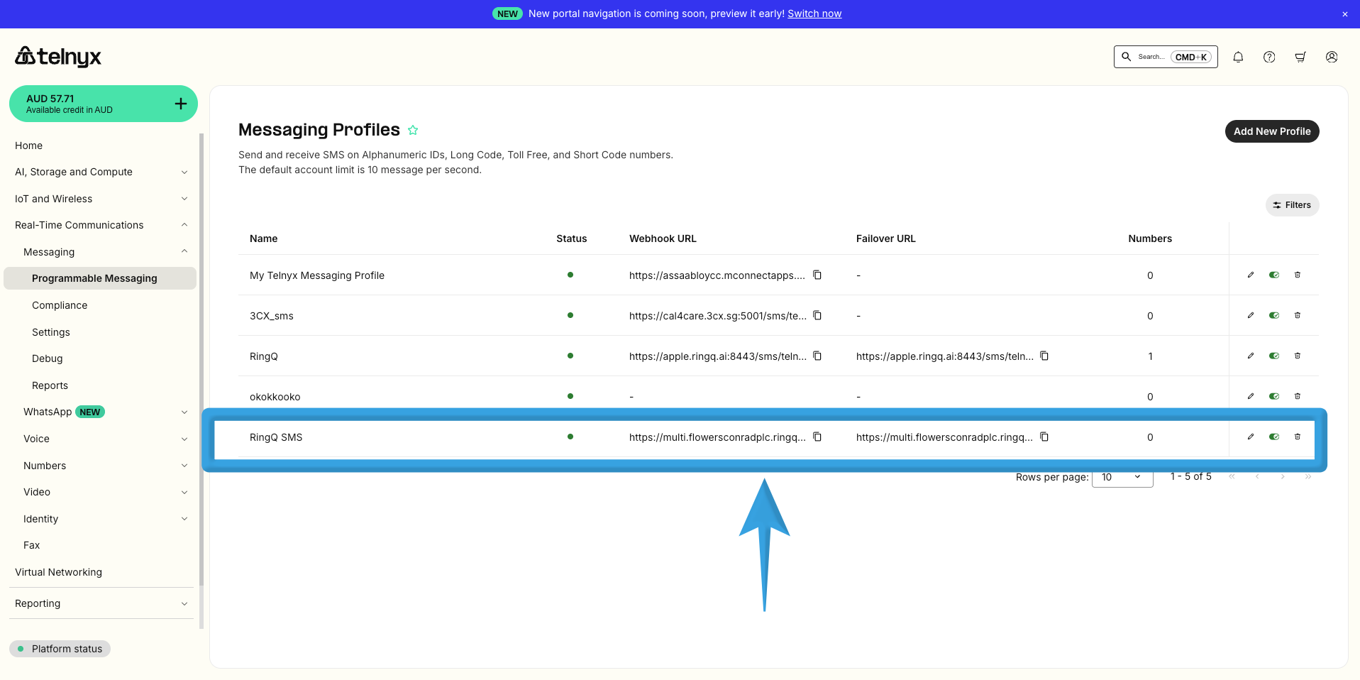 Your Messaging Profile in Telnyx is successfully created and ready for integration with RingQ